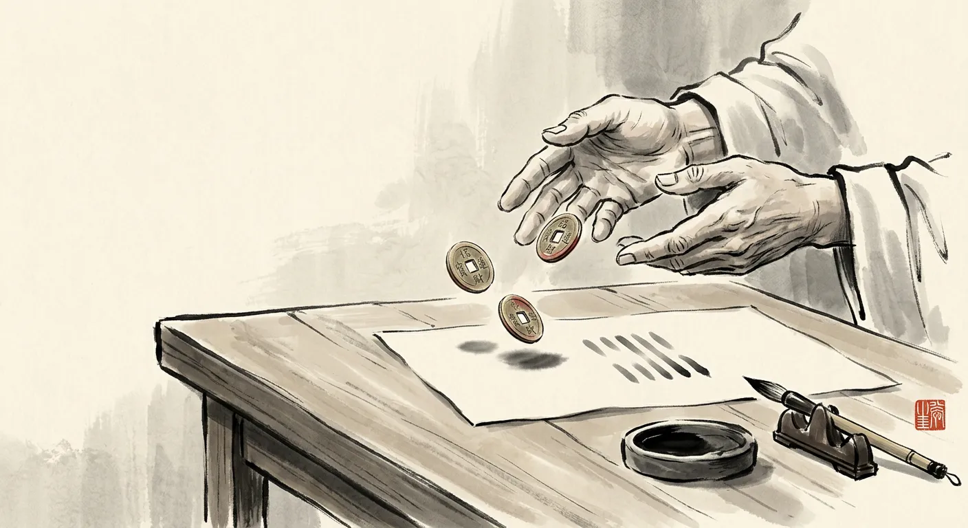 Hands casting three coins above a sheet with I Ching lines