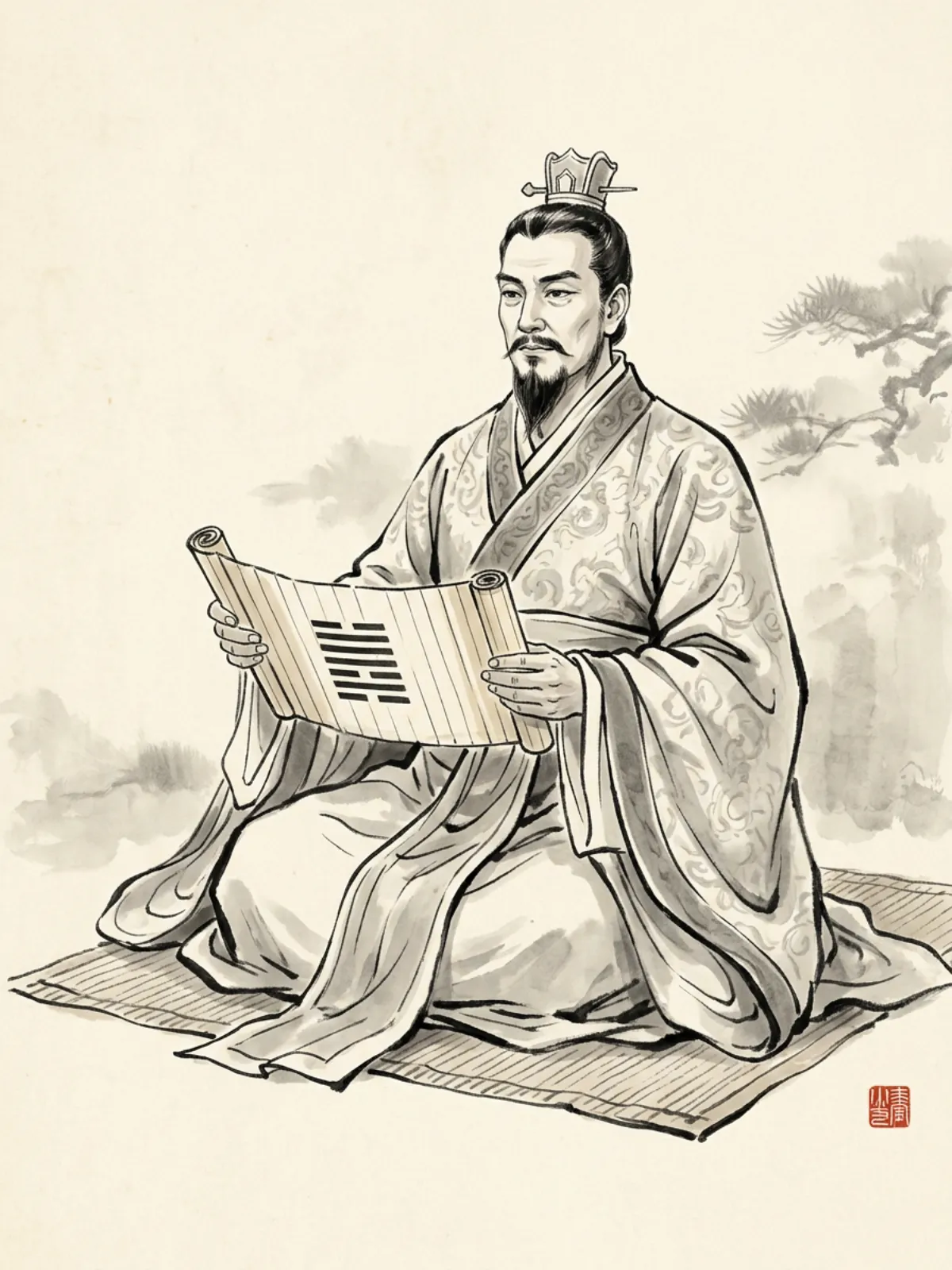 King Wen reading a bamboo scroll with hexagram lines