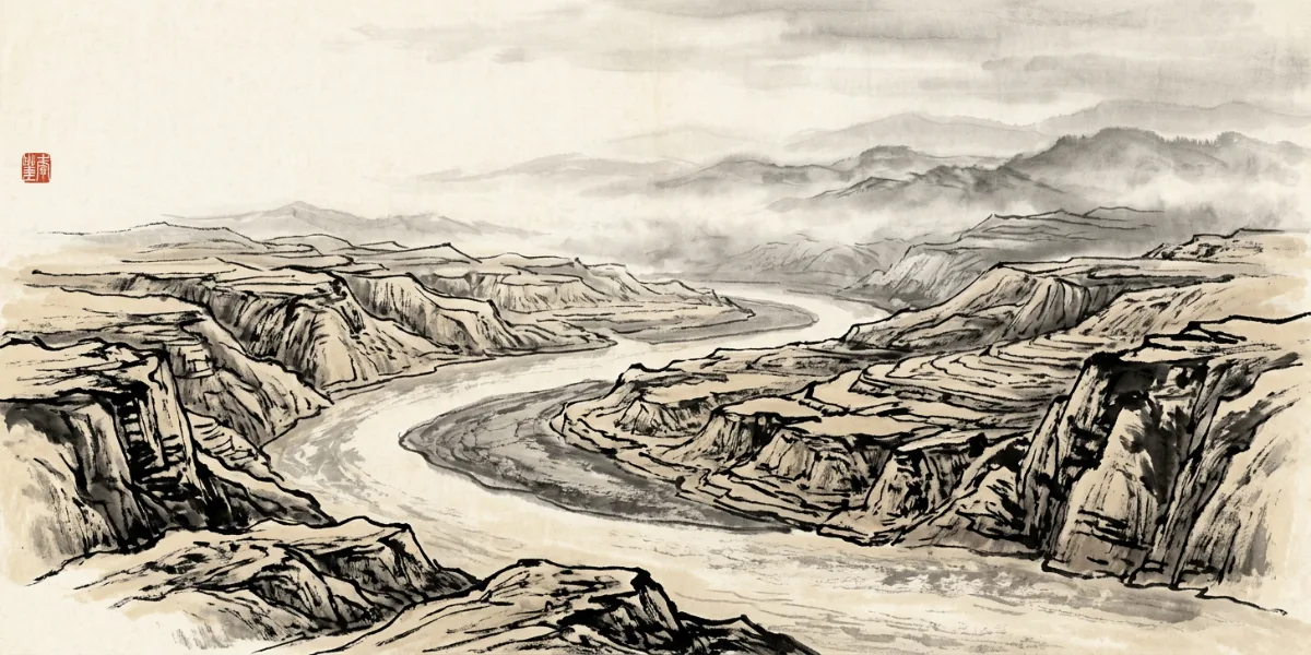 A river landscape as an image for the historical riverbed of the I Ching